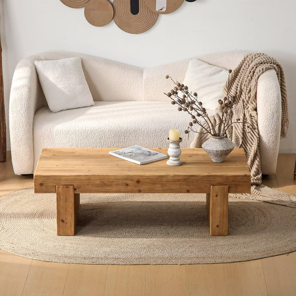 Solid Pine Wood Coffee Table, Rectangular Chunky Block Legs Z27988