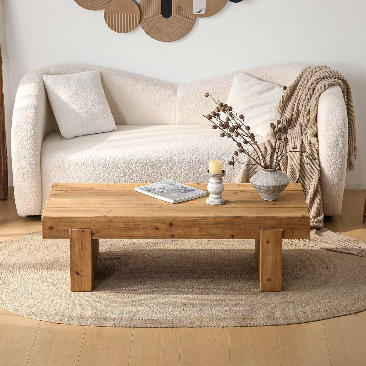 Solid Pine Wood Coffee Table, Rectangular Chunky Block Legs Z27988