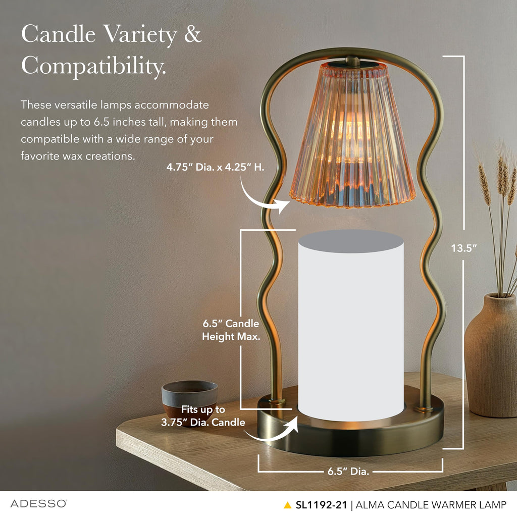 Candle Warmer Lamp, Antique Brass & Ribbed Glass, Dimmable U599
