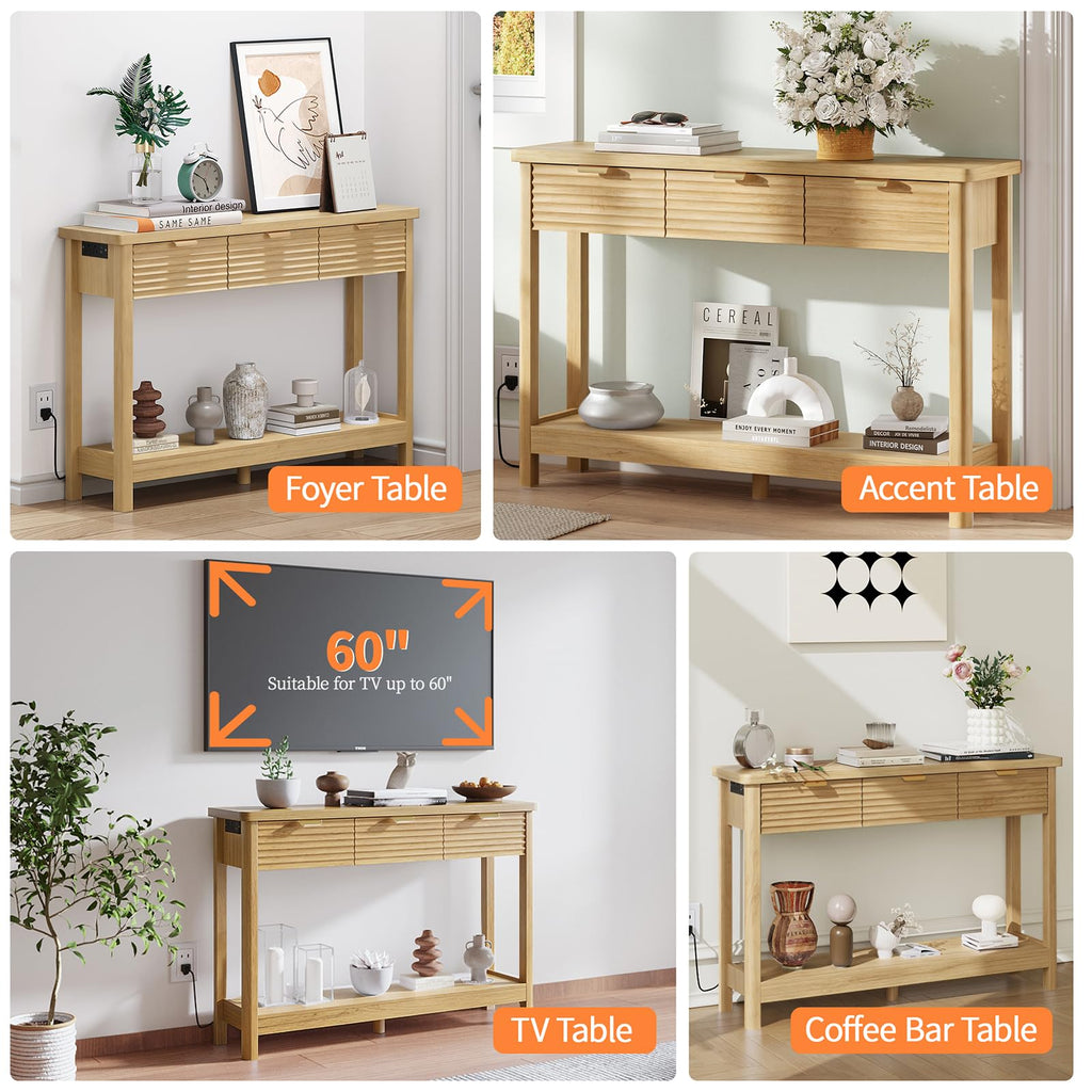 47.2" Narrow Console Table with 3 Drawers & Charging Station, Oak K82550