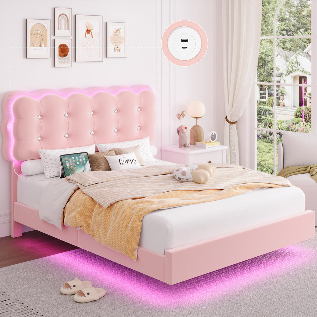 Full Size LED Bed Frame with Charging Station Headboard S20826