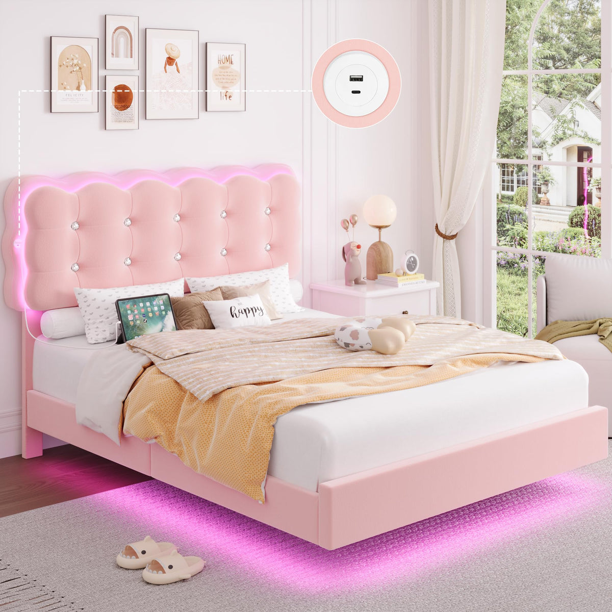Full Size LED Bed Frame with Charging Station Headboard S20826