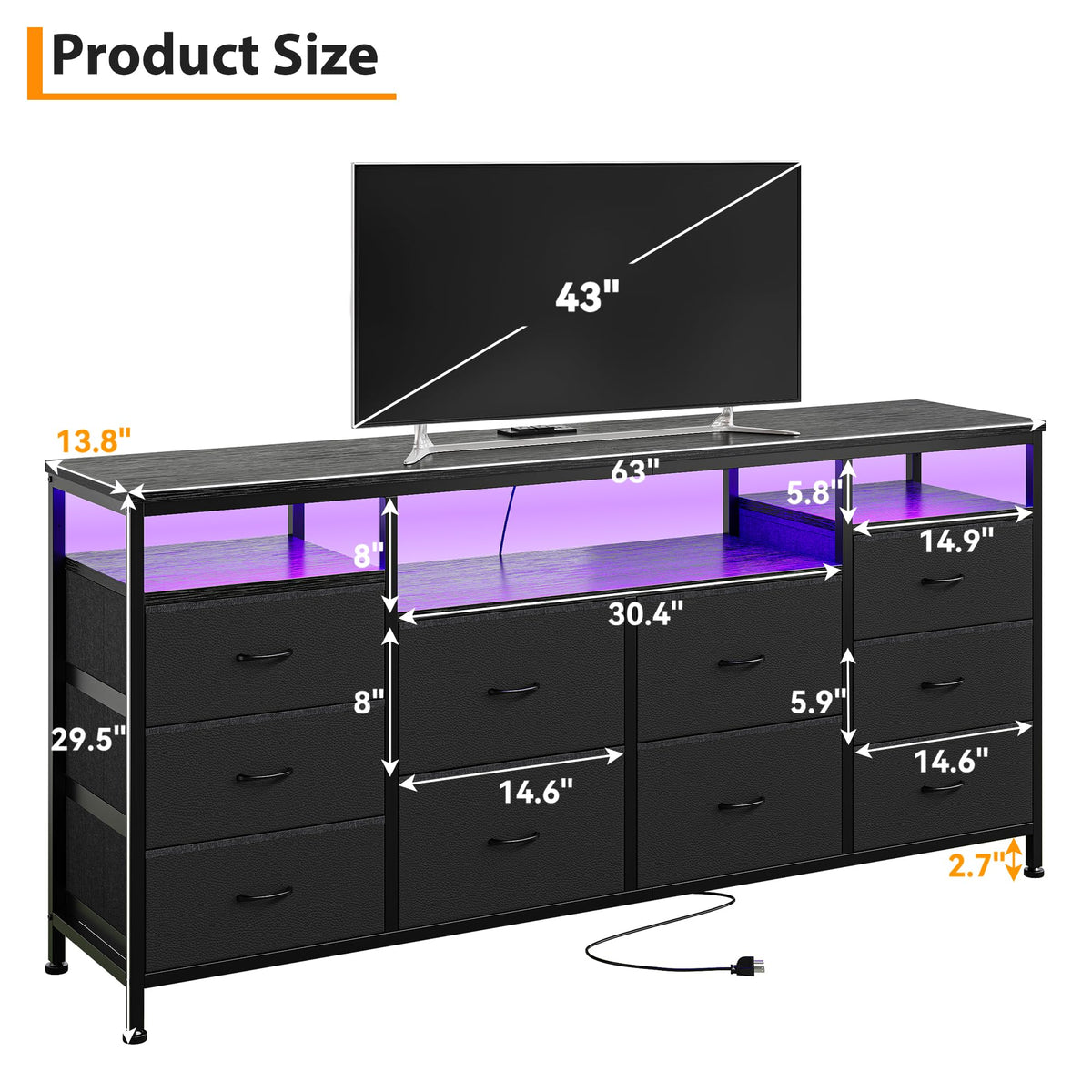 Black Fabric 10 Drawer Dresser A2927