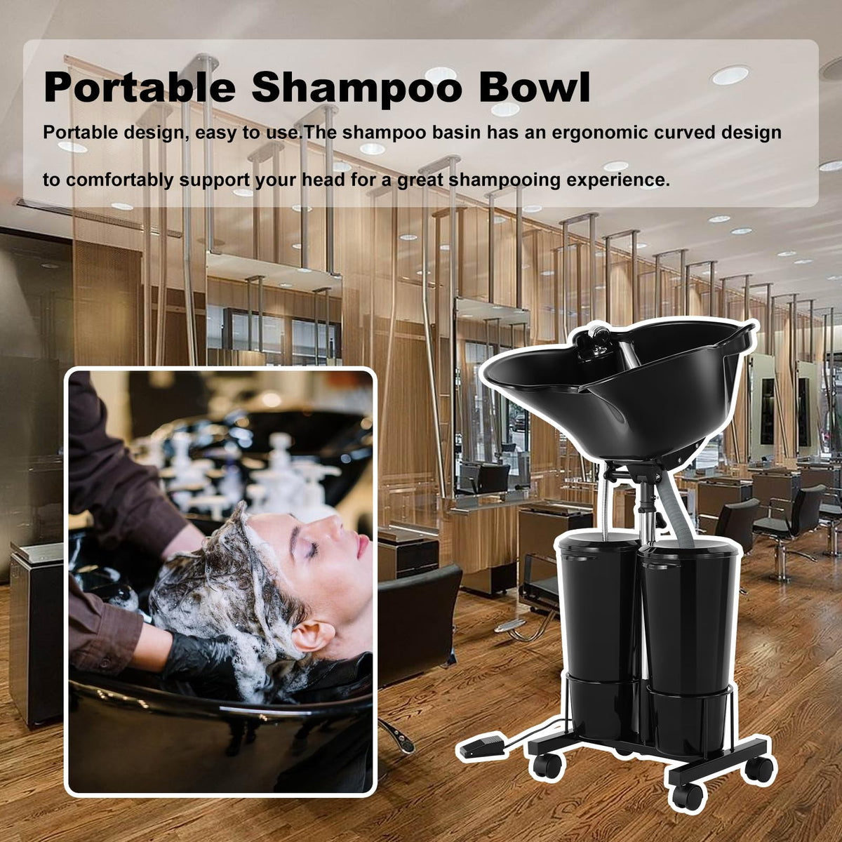 Portable Plastic Shampoo Bowl Unit with 2 Bucket and Drain Hoses Black Z68568