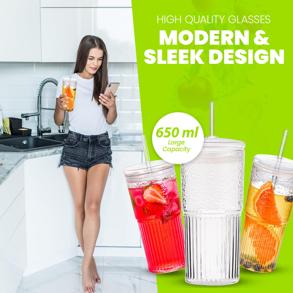 Clear 22 oz Glass Cup with Lid and Straw P169