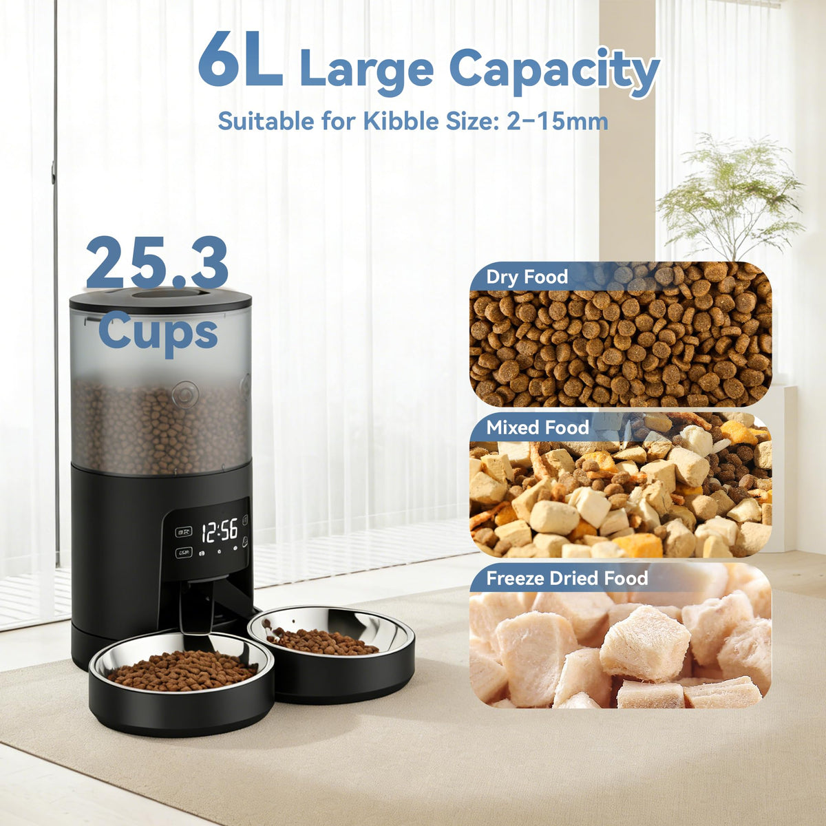 6L Automatic Cat Feeder with 2 Stainless Bowls Black E435438