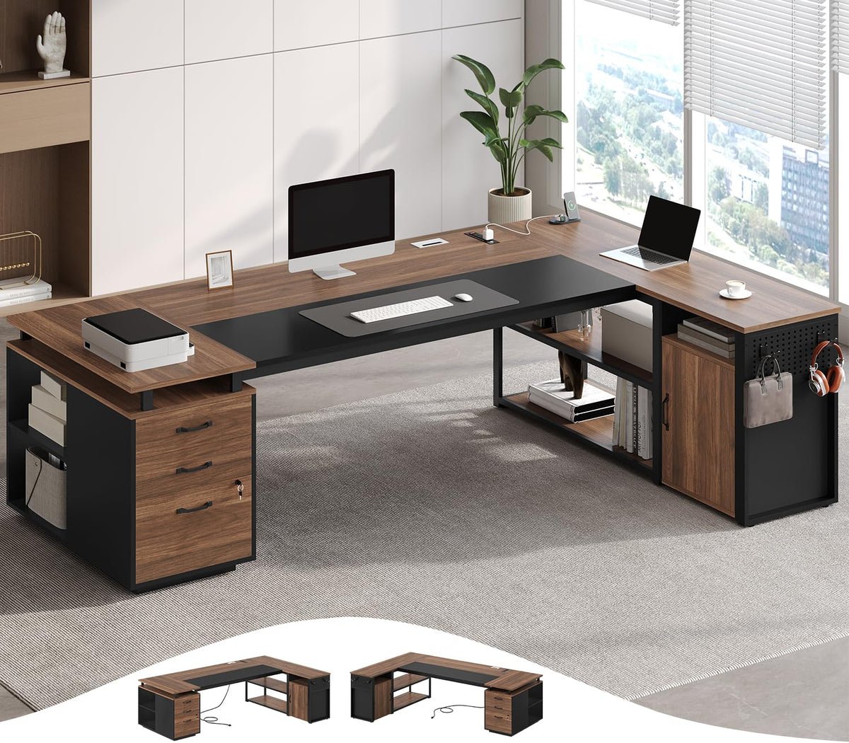 78" Walnut L Shaped Executive Desk with File Cabinet and Outlets N952365
