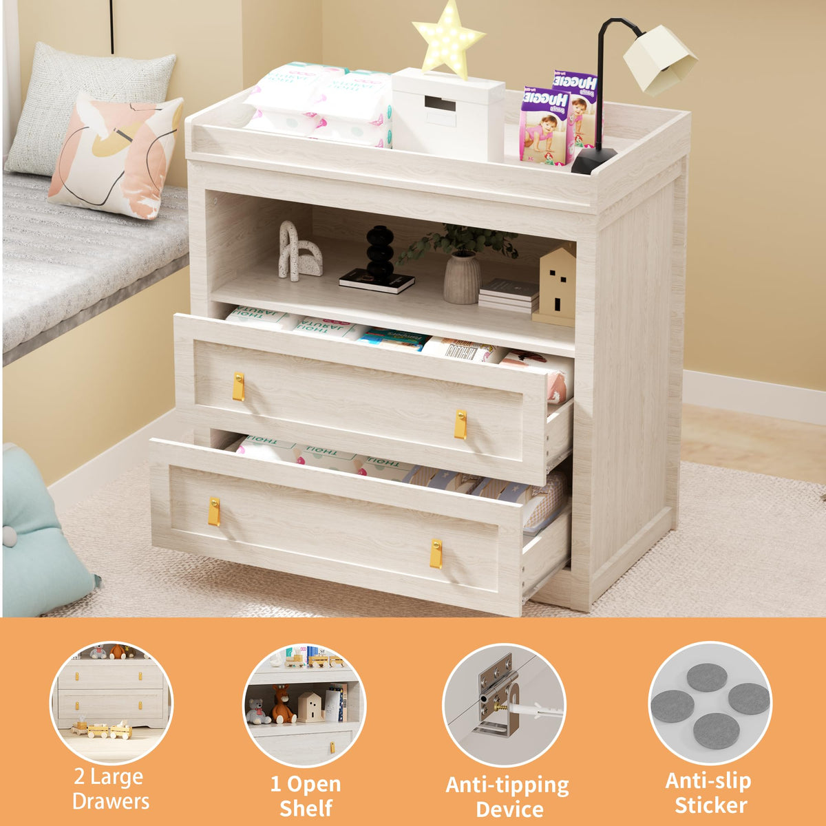 Beige Baby Dresser with Changing Table Top E76571