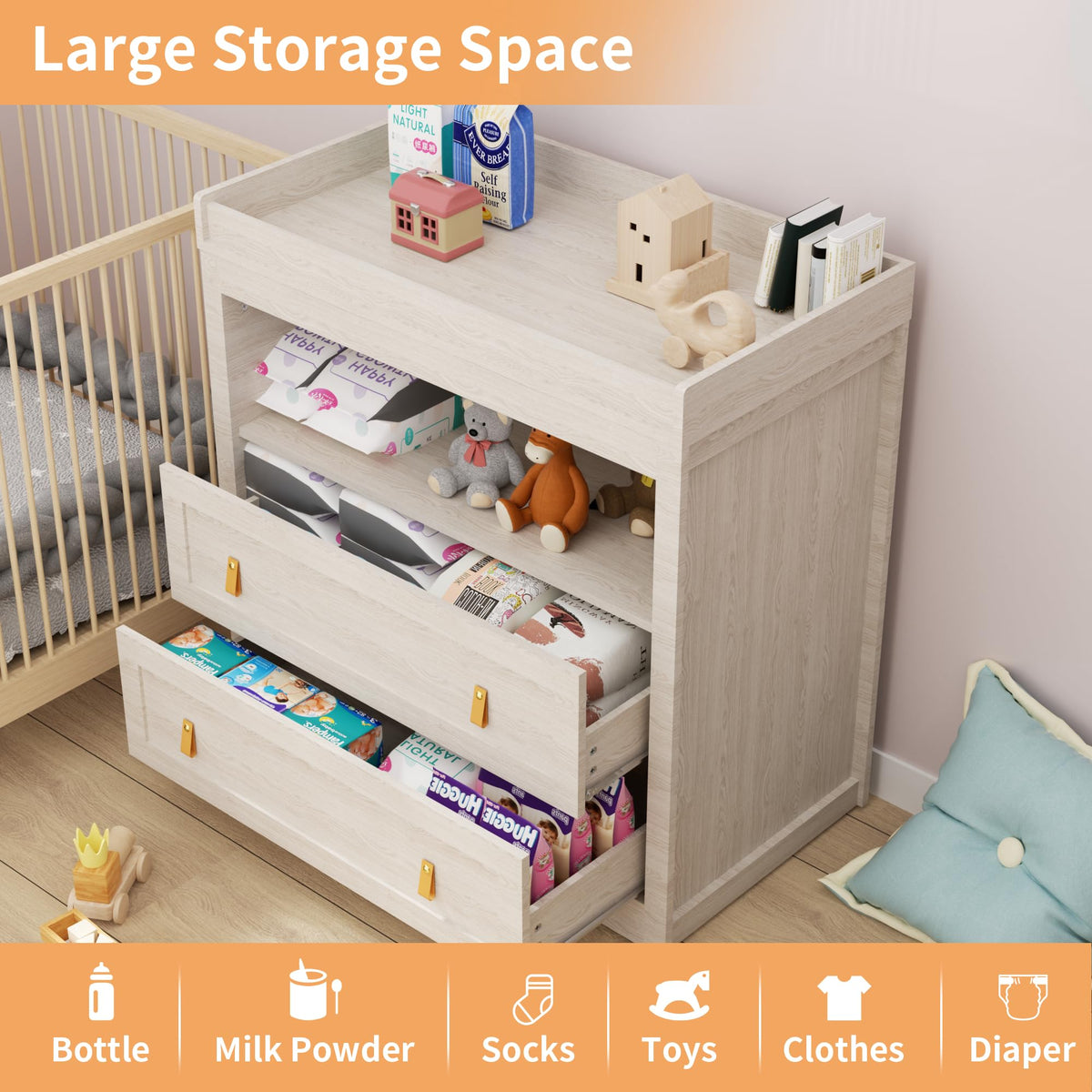 Beige Baby Dresser with Changing Table Top E76571