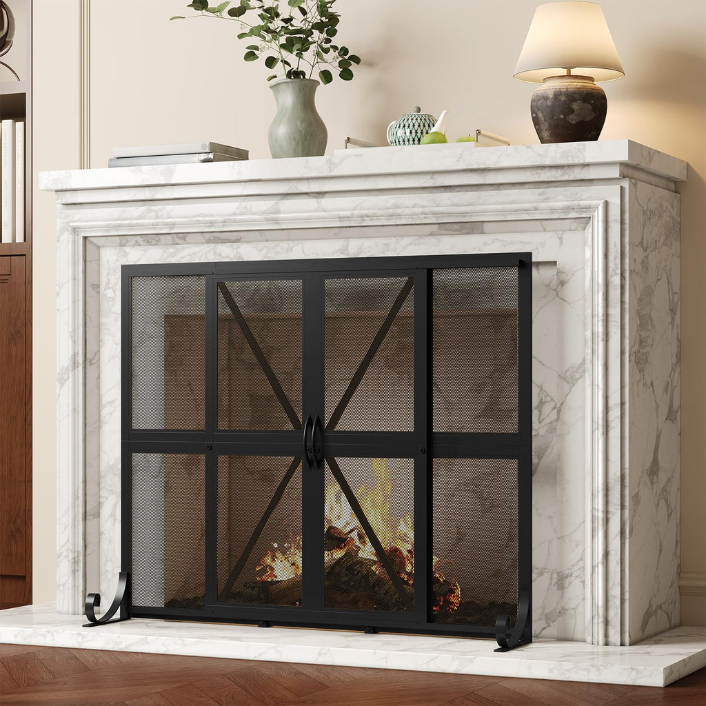 Black Wrought Iron Mesh Fireplace Screen with Sliding Doors L47643