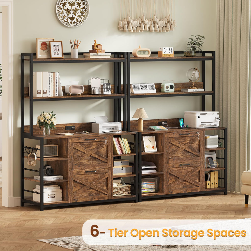 2 Drawer File Cabinet with Lock and Open Storage Shelves, Rustic Brown Y9363