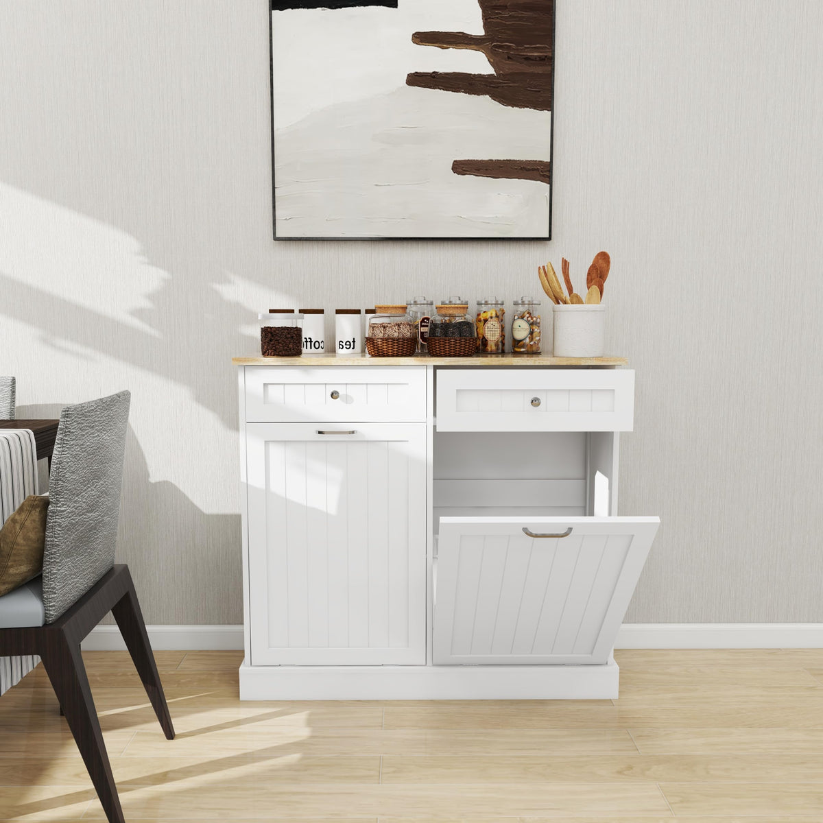White 20 Gallon Wooden Tilt Out Trash and Recycling Cabinet Y817357
