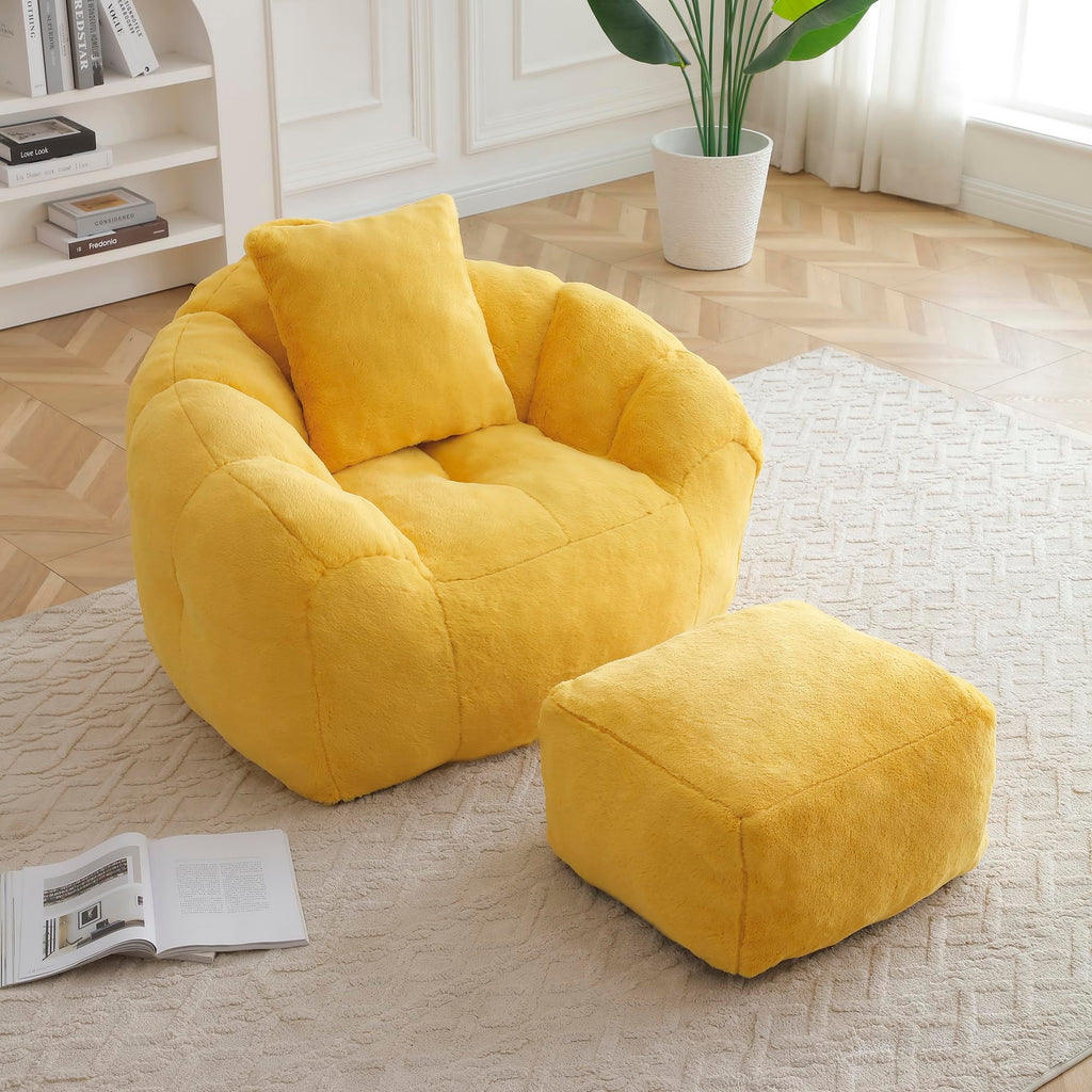 Yellow Faux Fur Memory Foam Bean Bag Chair with Footstool F333