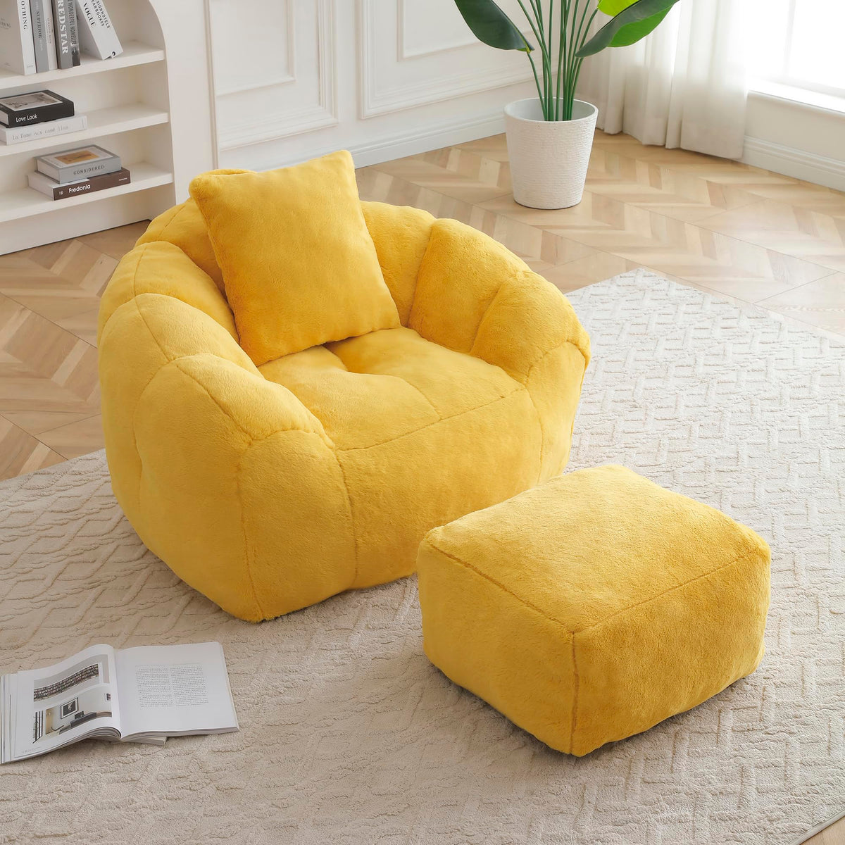 Yellow Faux Fur Memory Foam Bean Bag Chair with Footstool F333