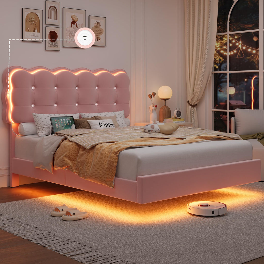 Full Size LED Bed Frame with Charging Station Headboard S20826