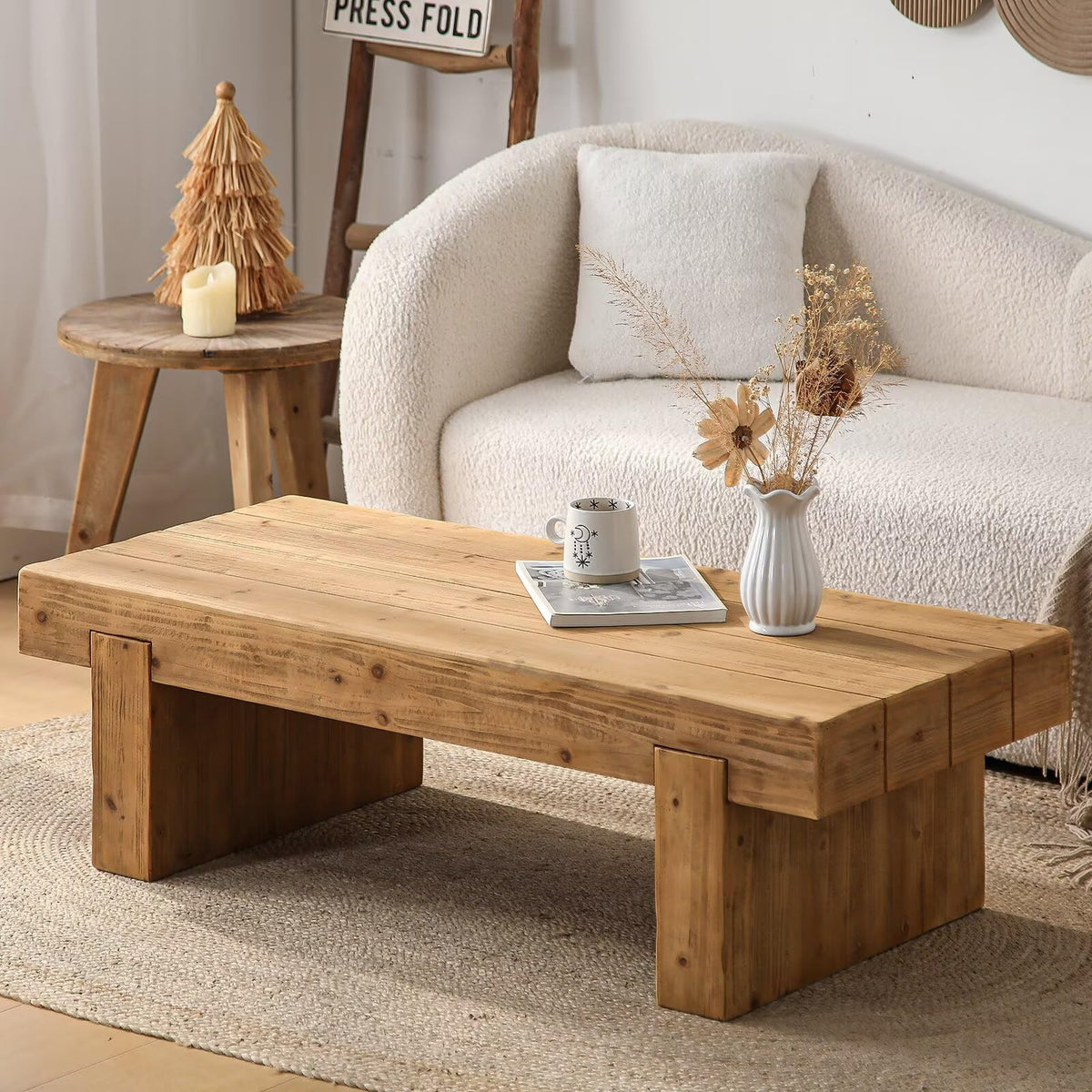 Solid Pine Wood Coffee Table, Rectangular Chunky Block Legs Z27988