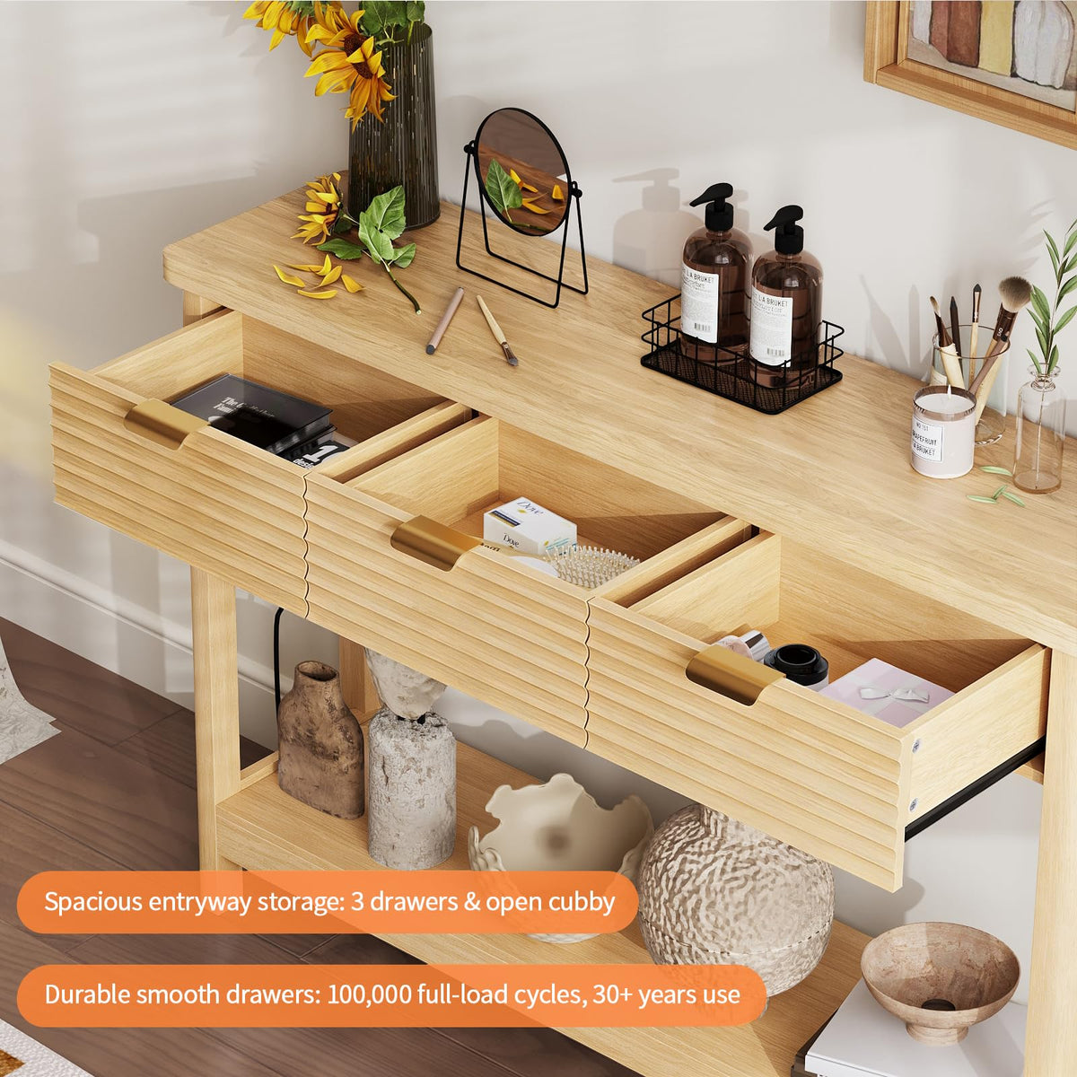 47.2" Narrow Console Table with 3 Drawers & Charging Station, Oak K82550