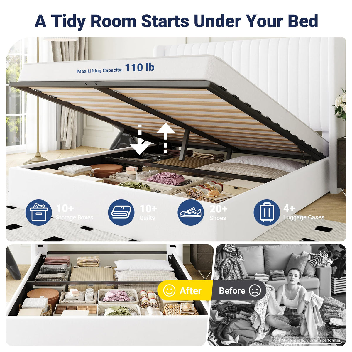 Queen Size Lift Up Storage Bed Frame White K215