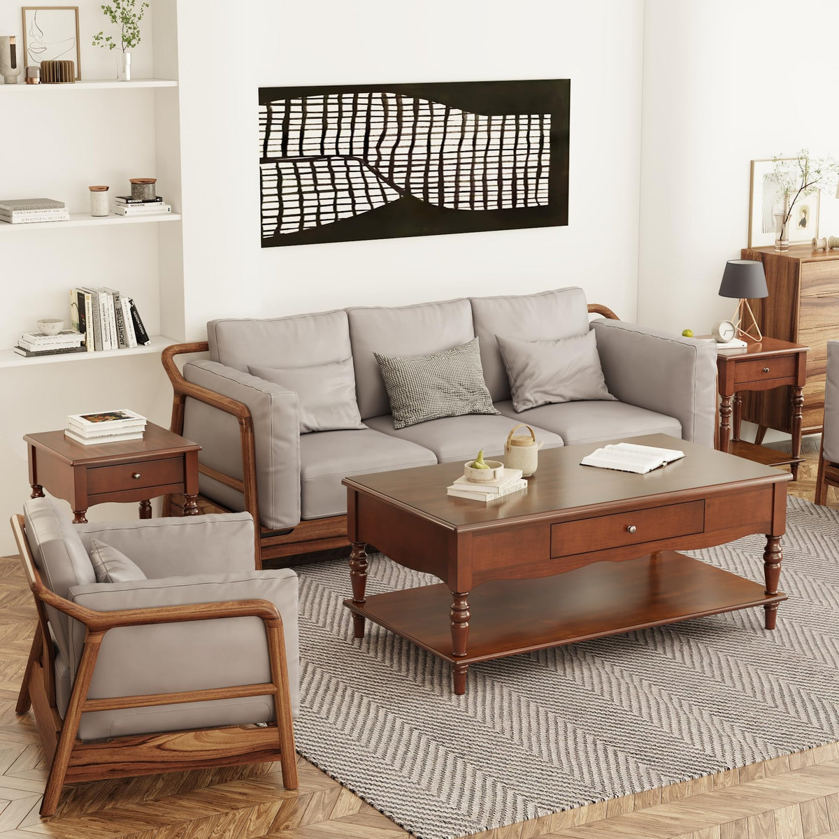 Caramel Brown Coffee Table and Two End Tables with Storage Drawer T936008