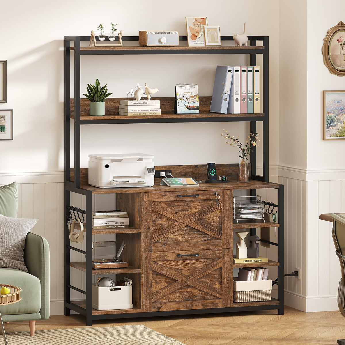 2 Drawer File Cabinet with Lock and Open Storage Shelves, Rustic Brown Y9363