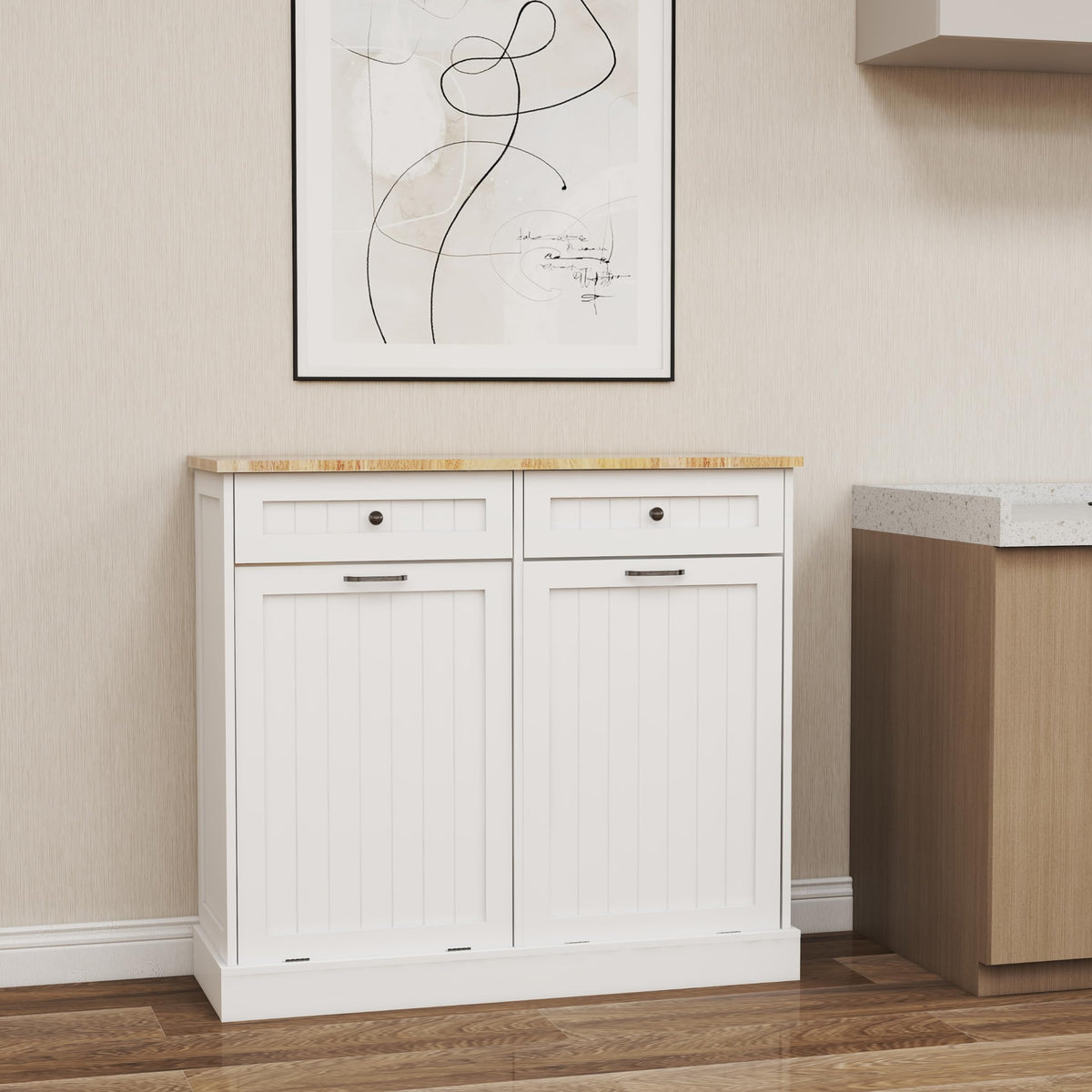 White 20 Gallon Wooden Tilt Out Trash and Recycling Cabinet Y817357