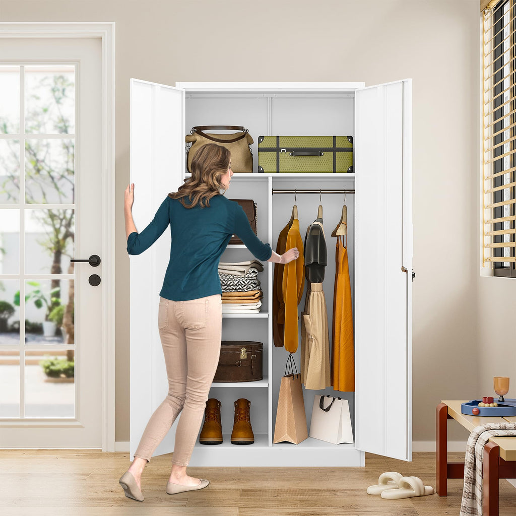 White Metal Storage Cabinet with Hanging Rod and Lock S4256
