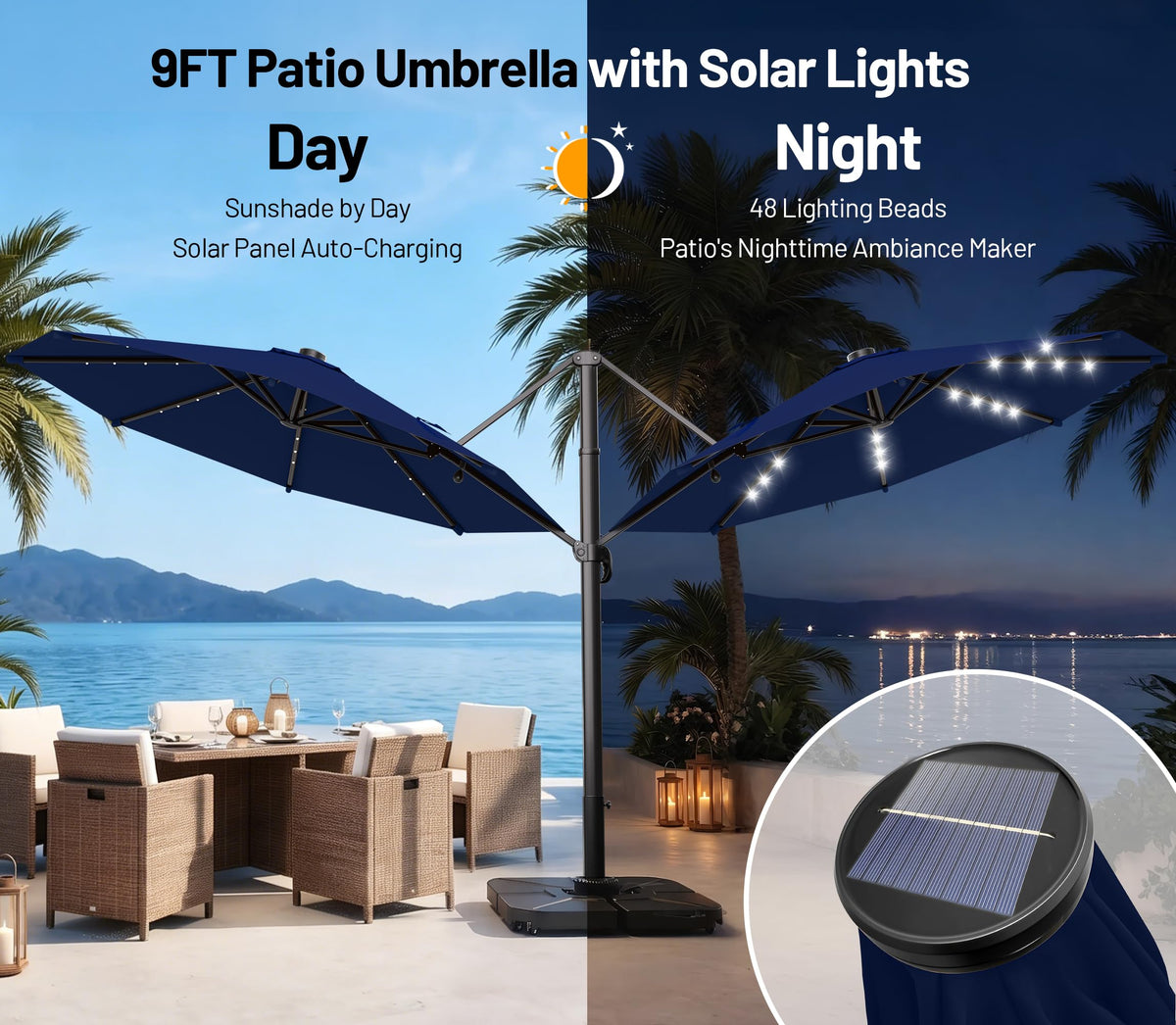 9FT Cantilever Patio Umbrella with Lights K725