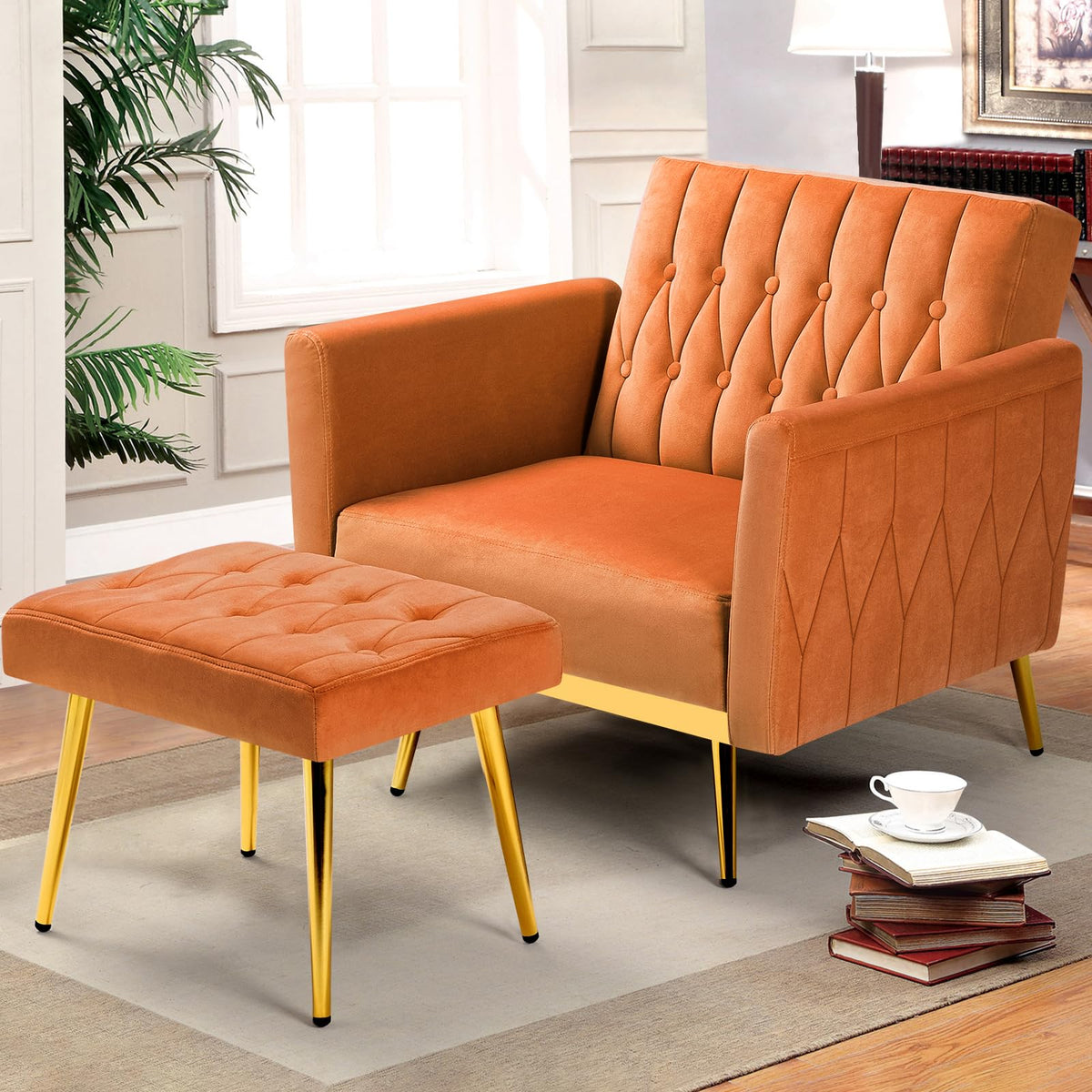 Velvet Accent Chair with Ottoman & Adjustable Backrest C3618