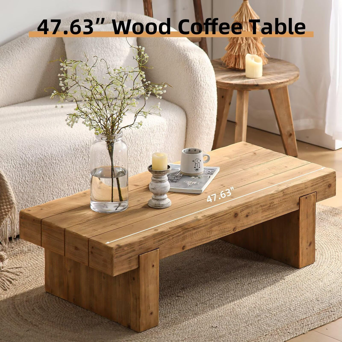 Solid Pine Wood Coffee Table, Rectangular Chunky Block Legs Z27988