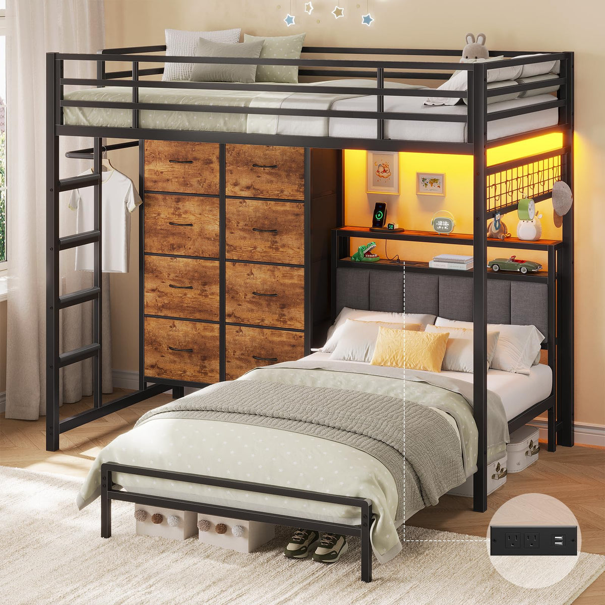 Twin Over Twin Bunk Bed with 8 Drawers and Storage Headboard M877386