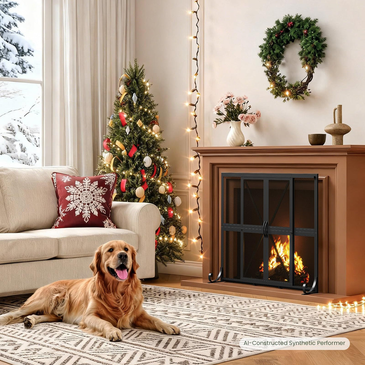 Black Wrought Iron Mesh Fireplace Screen with Sliding Doors L47643
