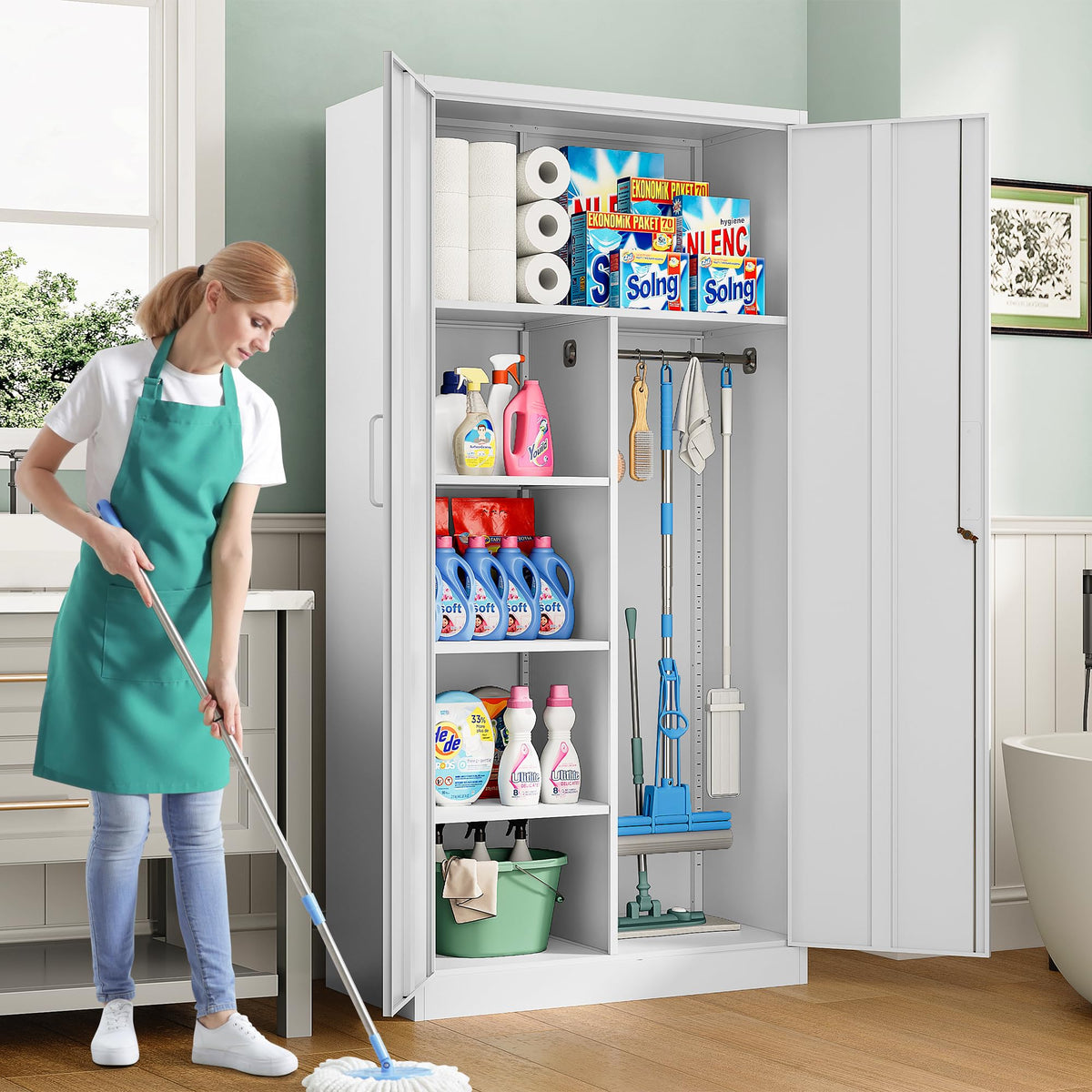 White Metal Storage Cabinet with Hanging Rod and Lock S4256