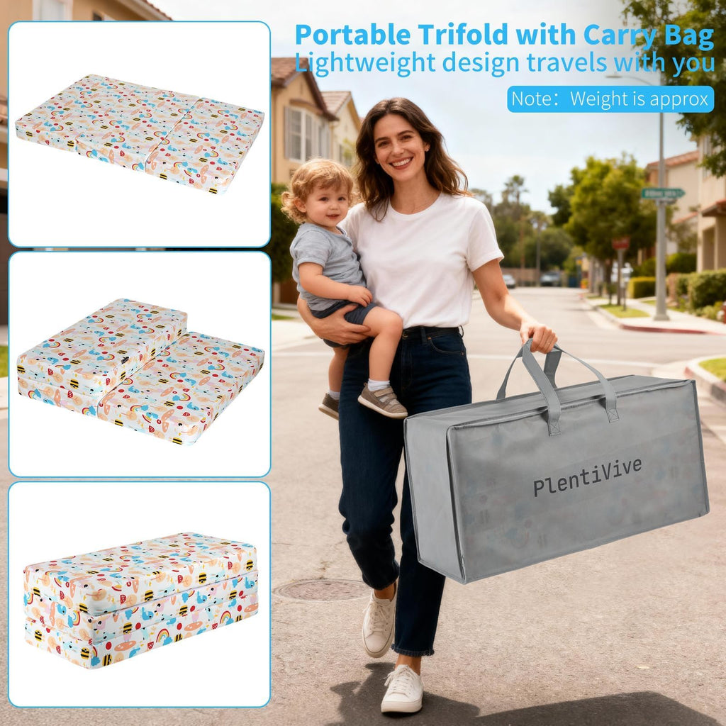 Trifold Pack and Play Mattress 38x26, Dual Sided Foldable Waterproof Washable Portable Crib Mattress Topper with Carry Bag P5237