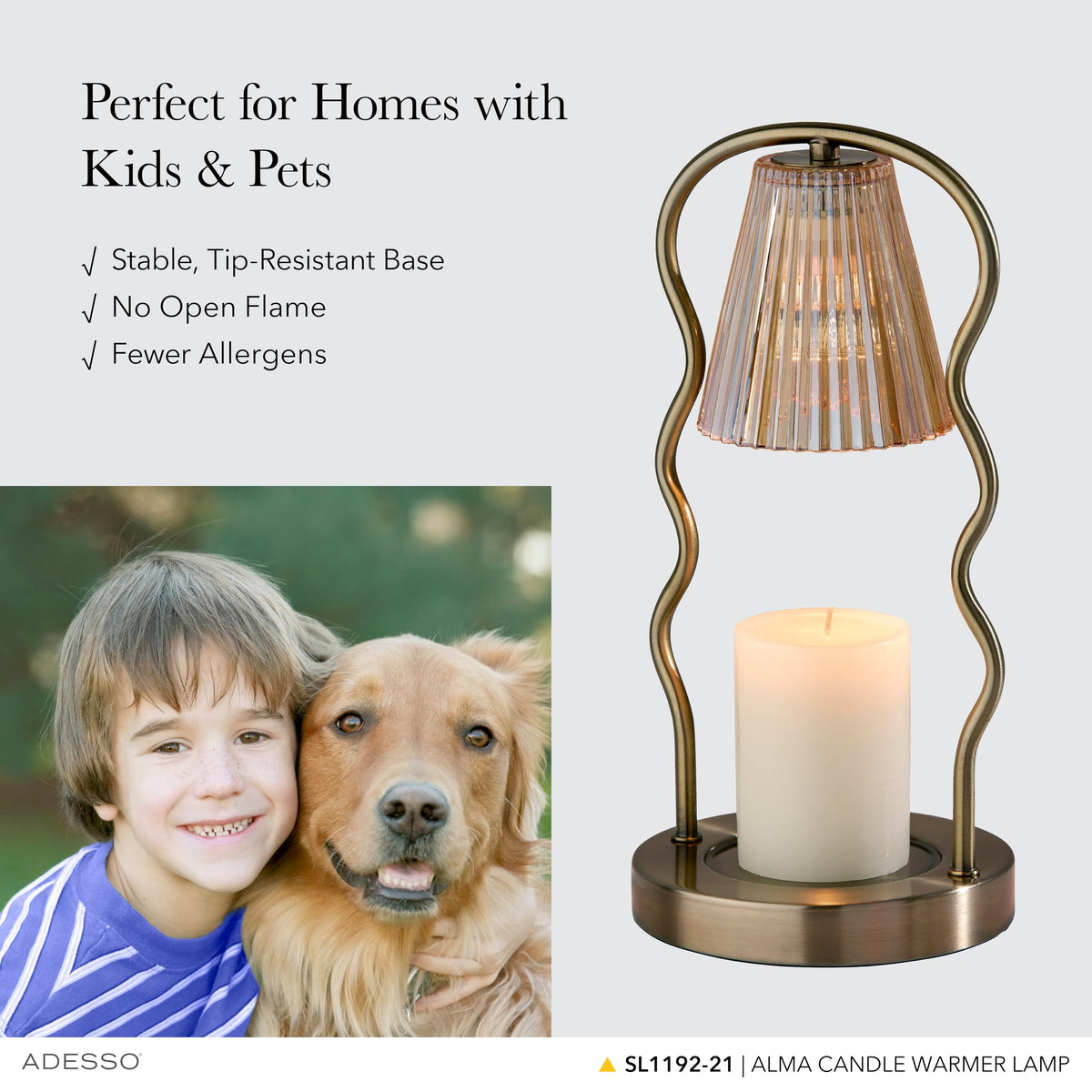 Candle Warmer Lamp, Antique Brass & Ribbed Glass, Dimmable U599