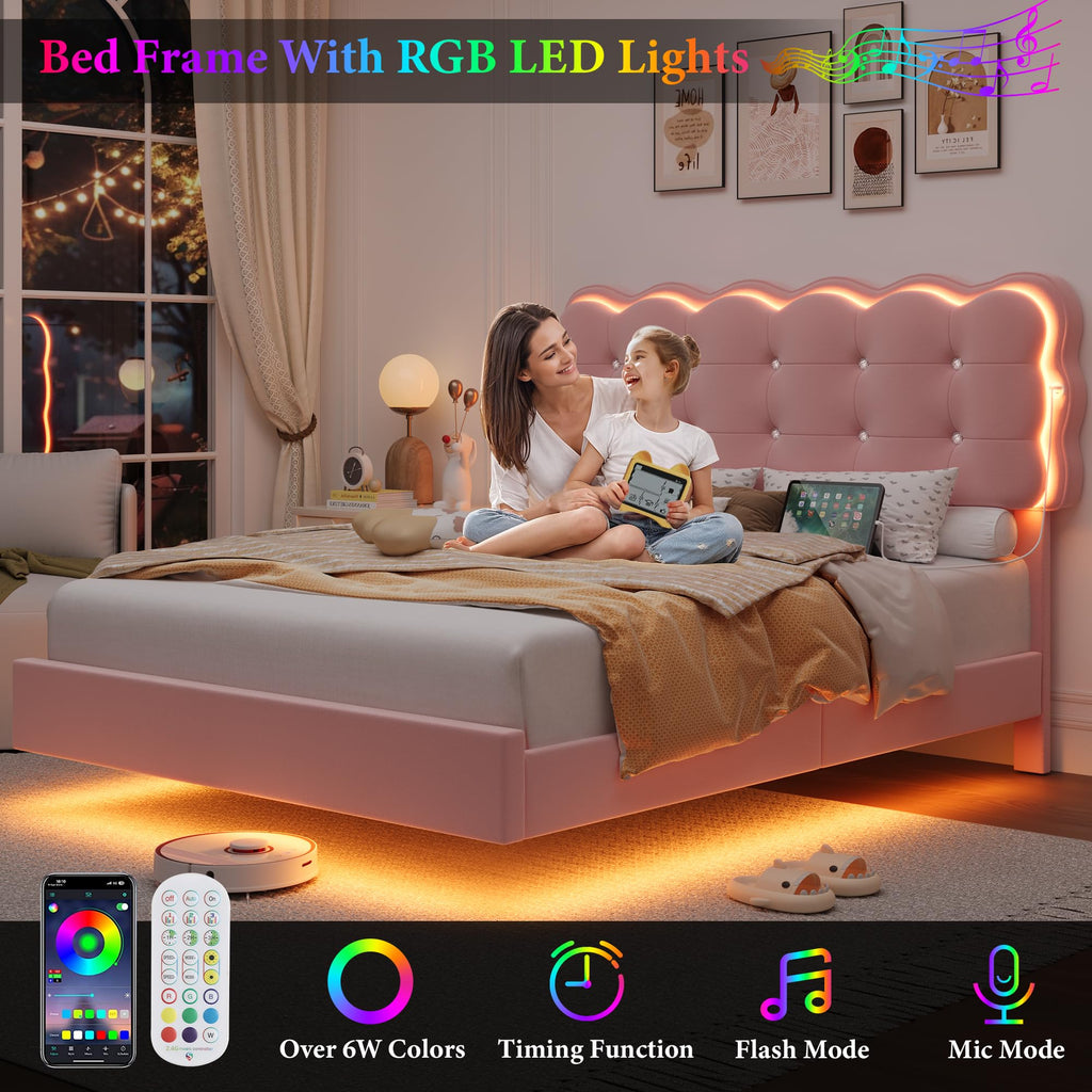 Full Size LED Bed Frame with Charging Station Headboard S20826