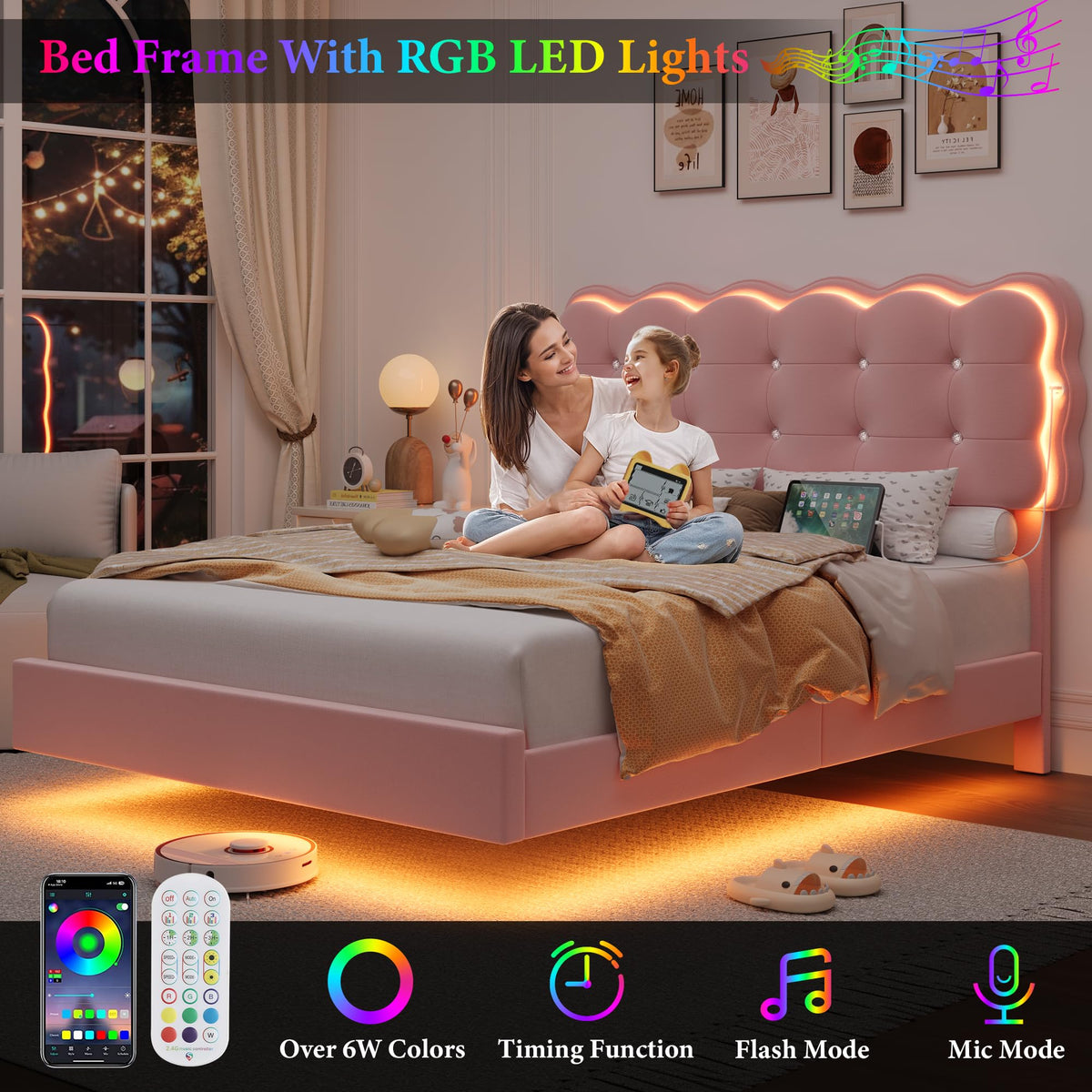 Full Size LED Bed Frame with Charging Station Headboard S20826