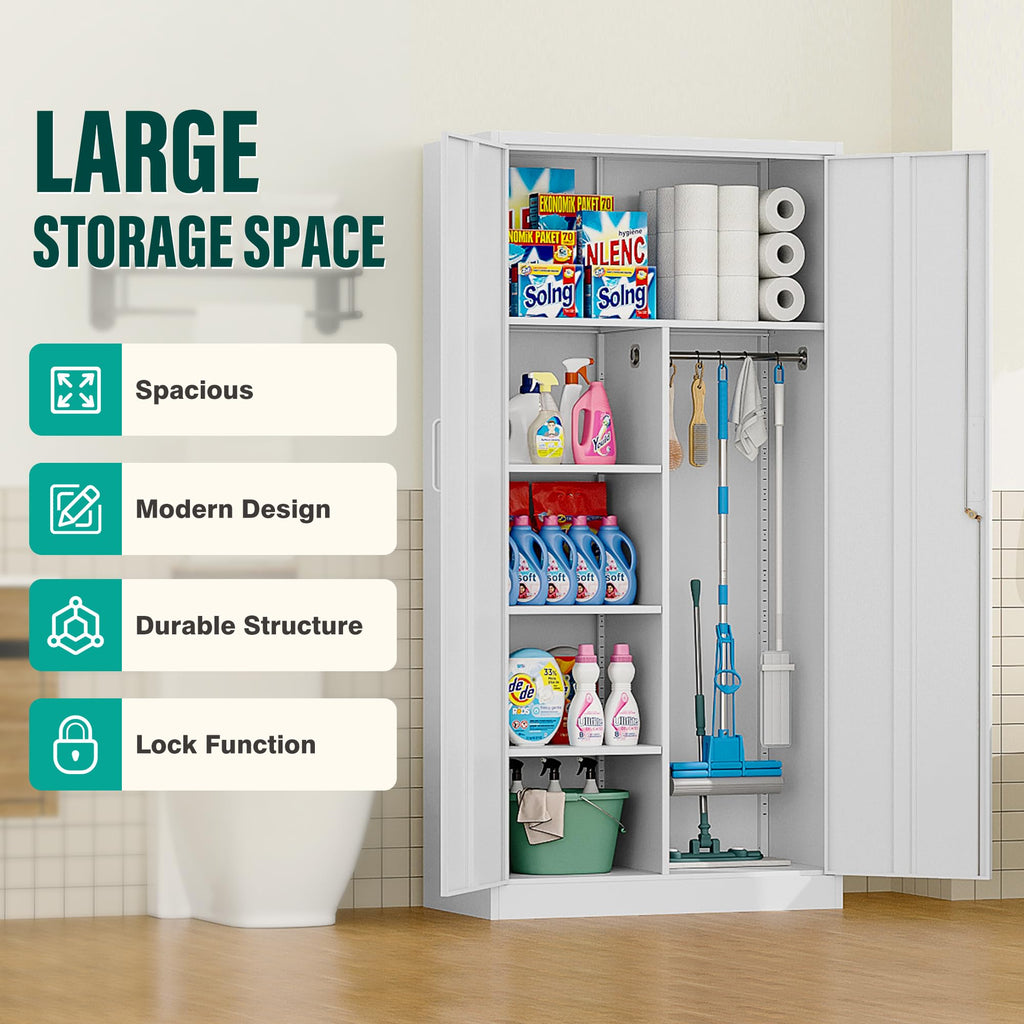 White Metal Storage Cabinet with Hanging Rod and Lock S4256
