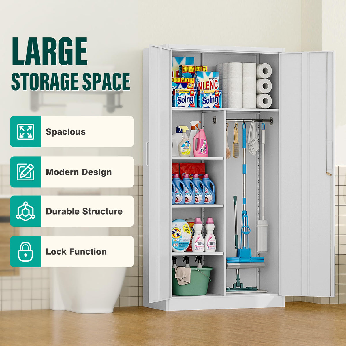 White Metal Storage Cabinet with Hanging Rod and Lock S4256