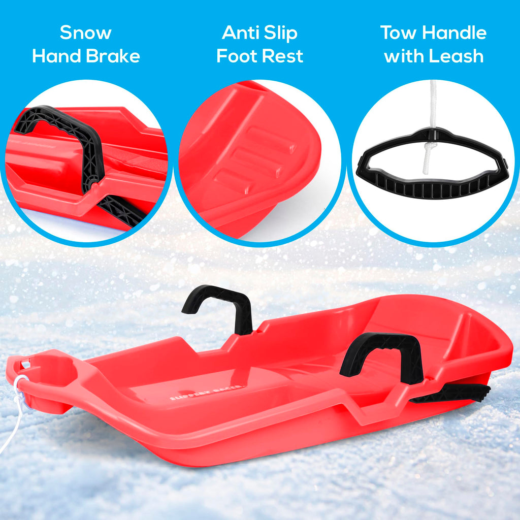 Red Flexible Plastic Toboggan Snow Sled with Brake T154