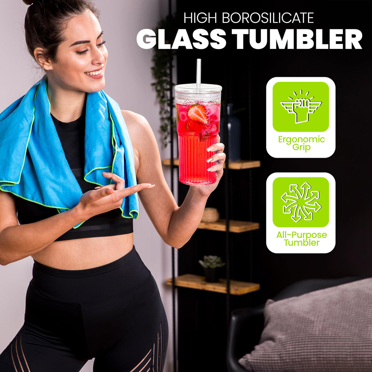 Clear 22 oz Glass Cup with Lid and Straw P169