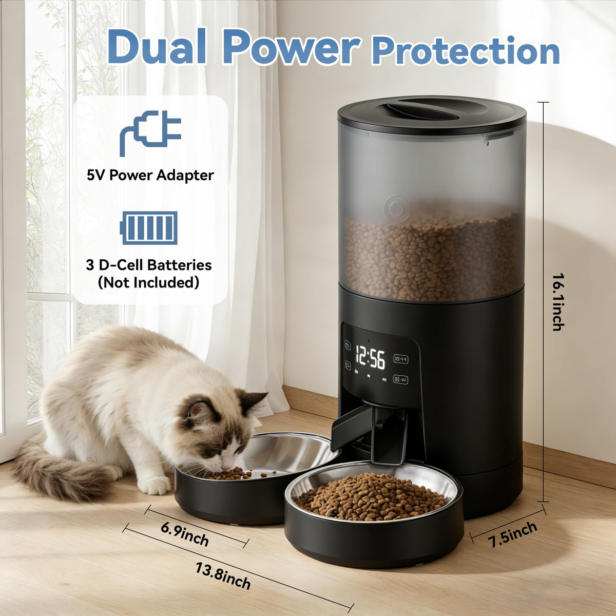 6L Automatic Cat Feeder with 2 Stainless Bowls Black E435438