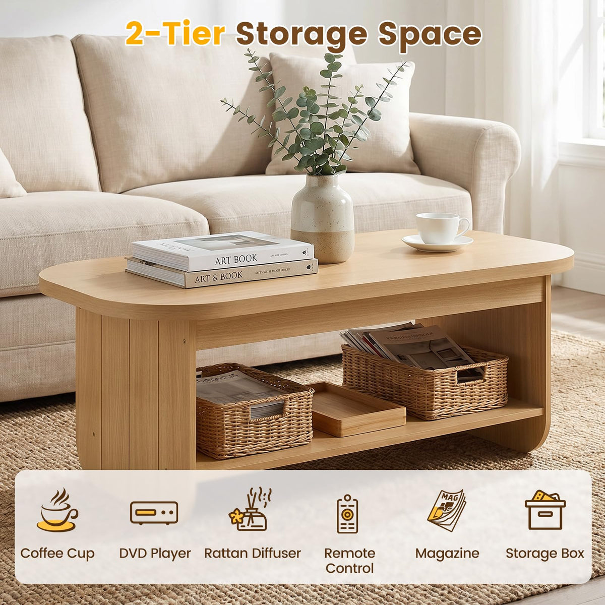 2-Tier Oval Coffee Table with Storage Shelf I48149