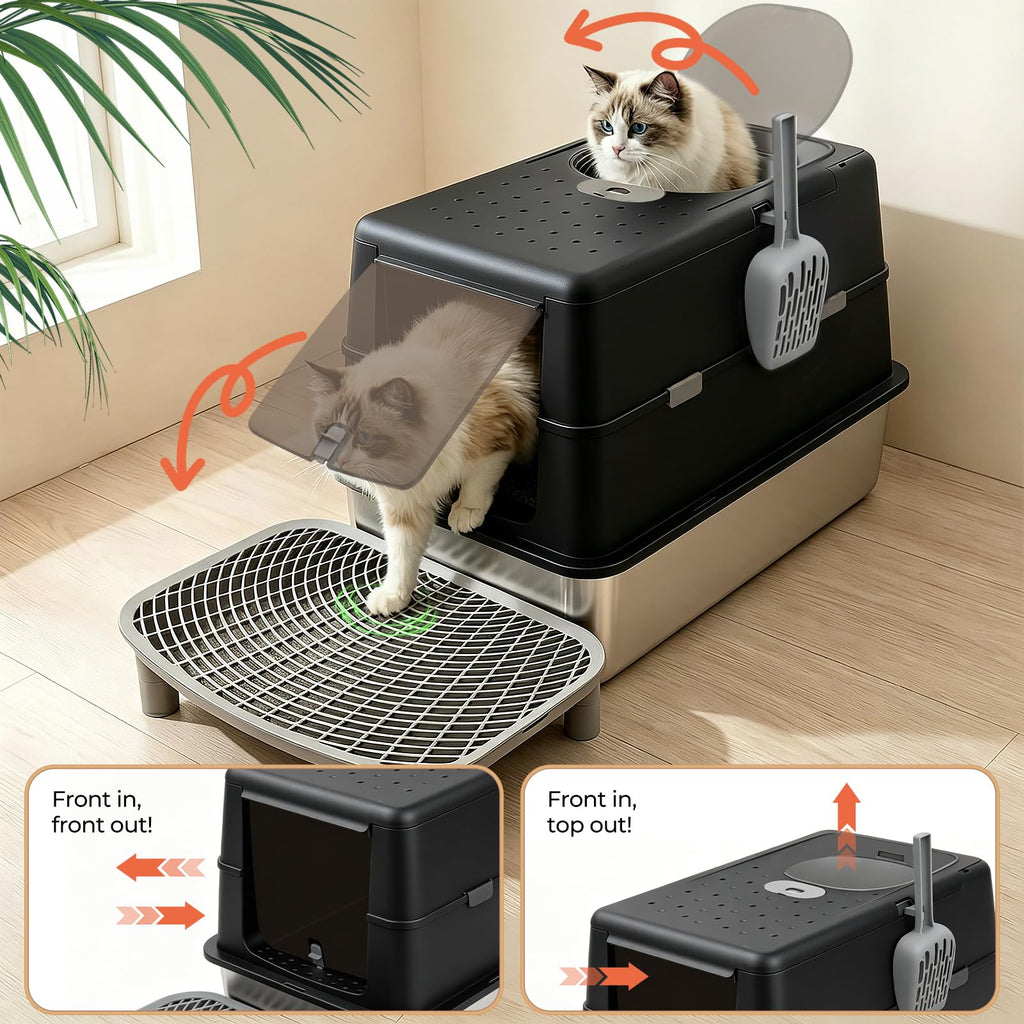 Extra Large Stainless Steel Enclosed Cat Litter Box with Lid and Scoop H602