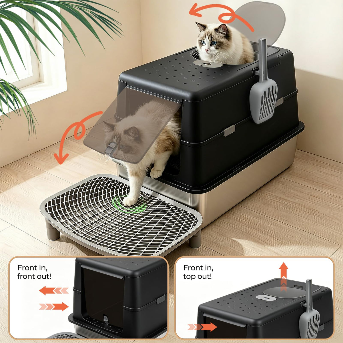 Extra Large Stainless Steel Enclosed Cat Litter Box with Lid and Scoop H602