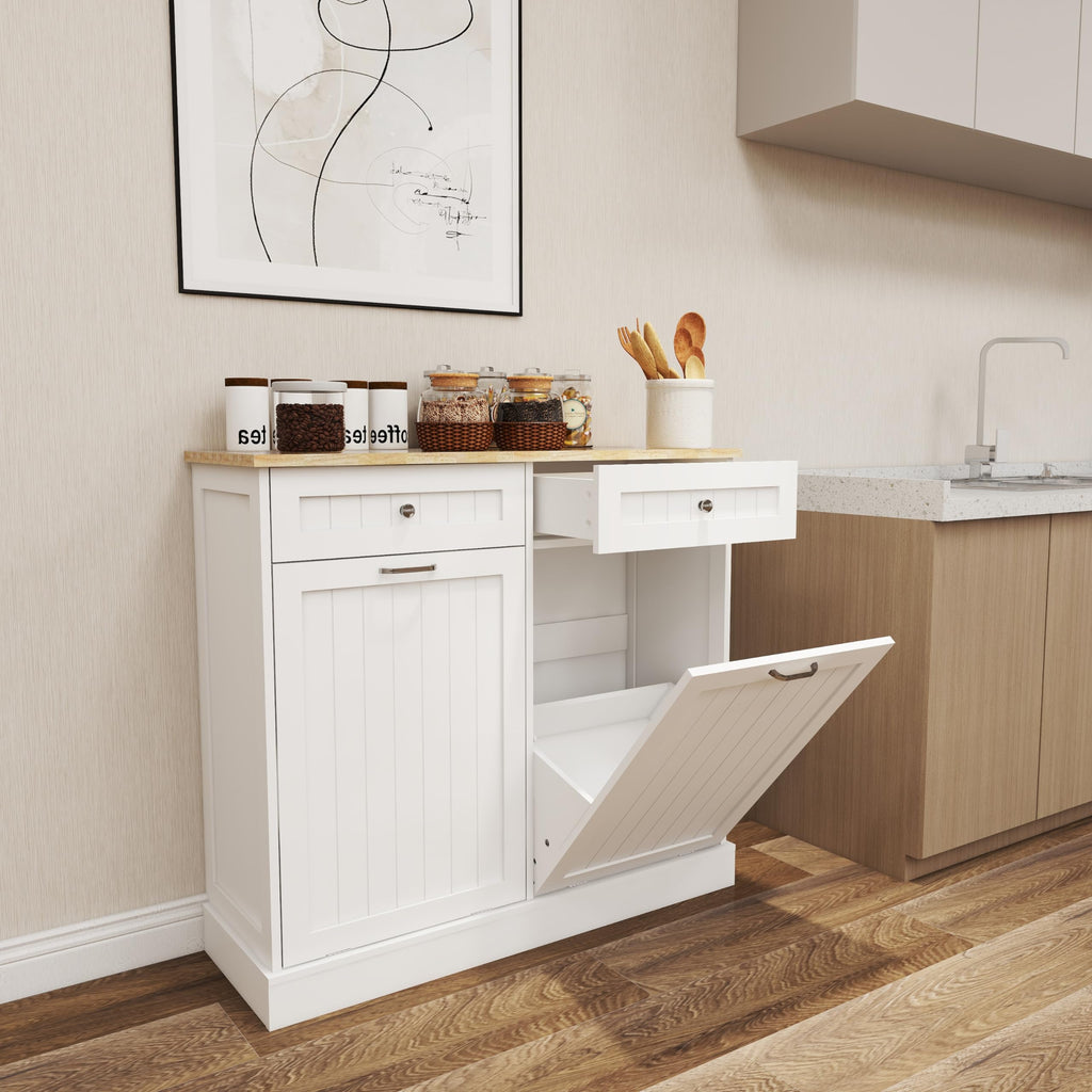 White 20 Gallon Wooden Tilt Out Trash and Recycling Cabinet Y817357