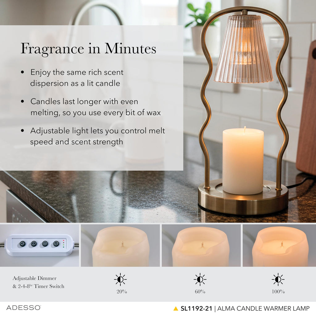 Candle Warmer Lamp, Antique Brass & Ribbed Glass, Dimmable U599