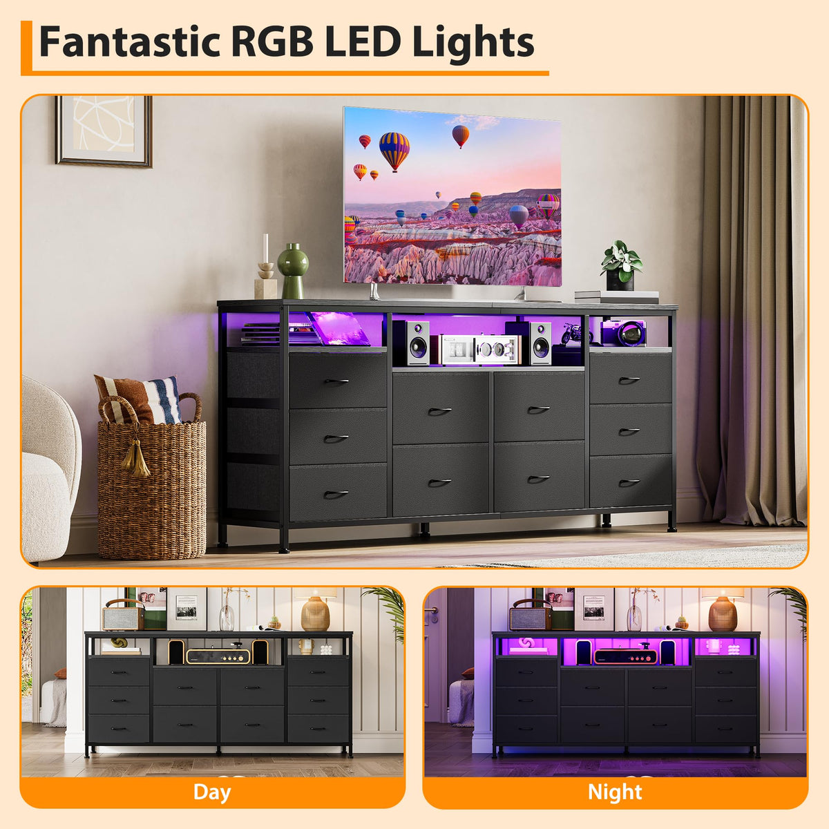 Black Fabric 10 Drawer Dresser A2927