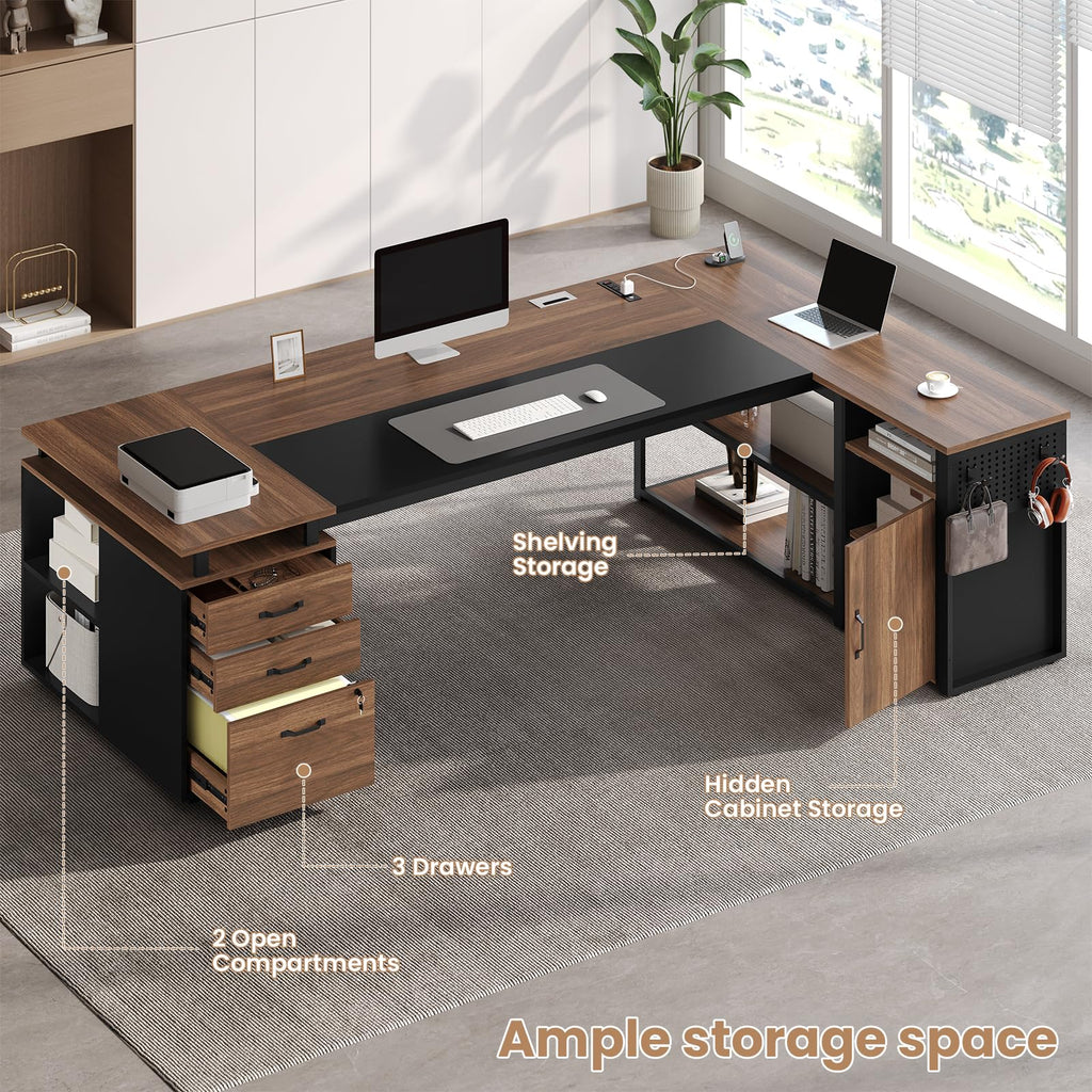 78" Walnut L Shaped Executive Desk with File Cabinet and Outlets N952365