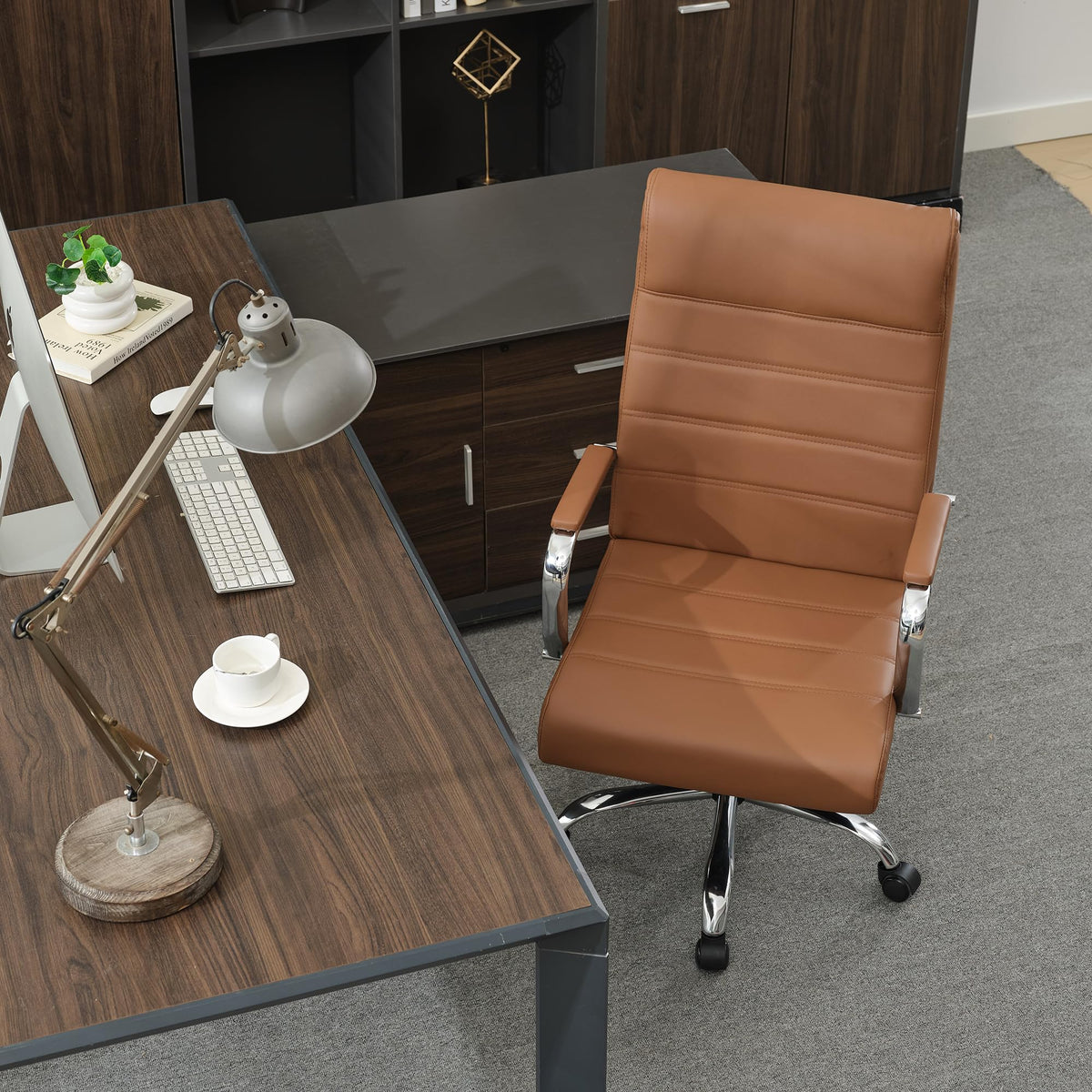 Brown Leather High Back Office Chair with Armrest M66137