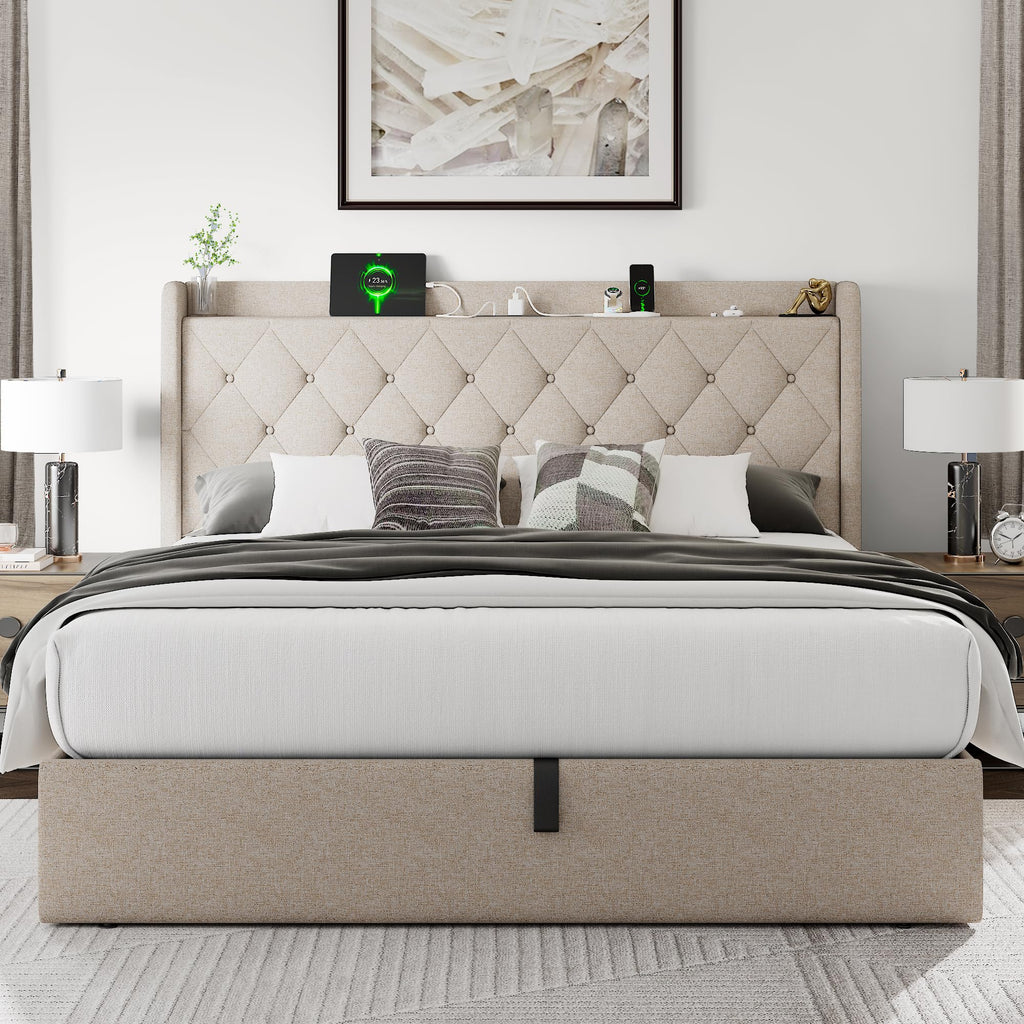 Queen Size Lift Up Storage Upholstered Bed Frame with Charging Station K807